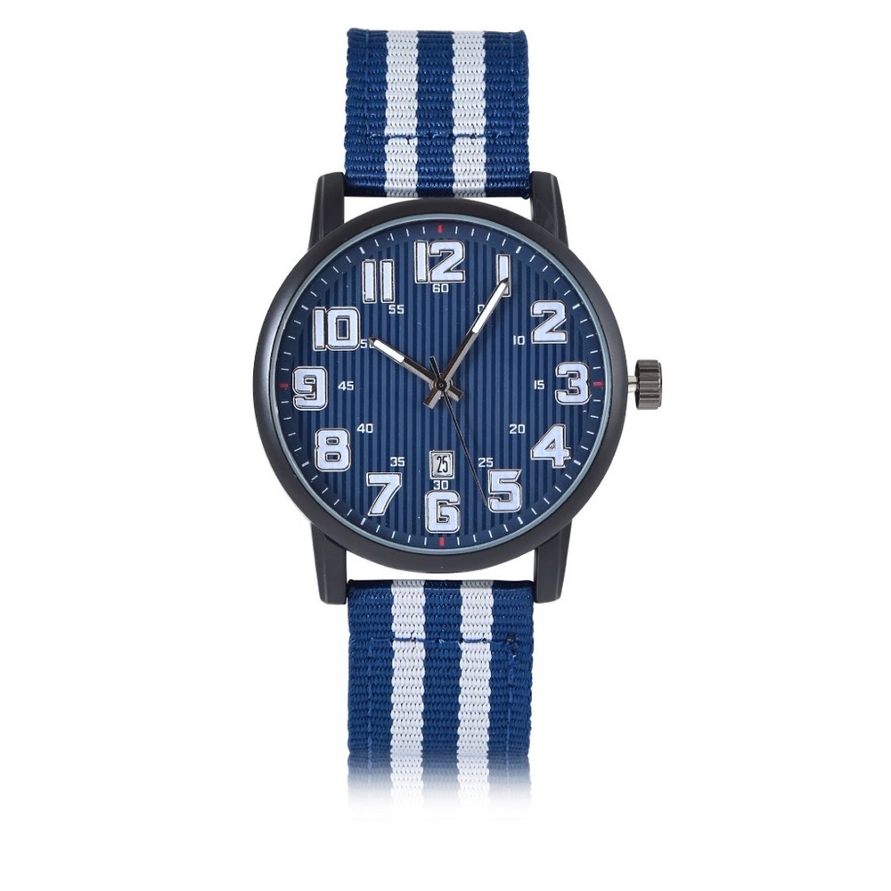 George Men’s Black Round Watch, Easy Read Dial, Date, Navy Pinstripe Strap, 44M